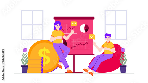 Business team analyzing financial growth charts and presentation board for startup launch and development