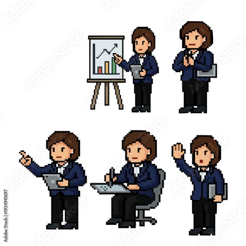 pixel art professional meeting employee character with five poses presentation corporate office sprite