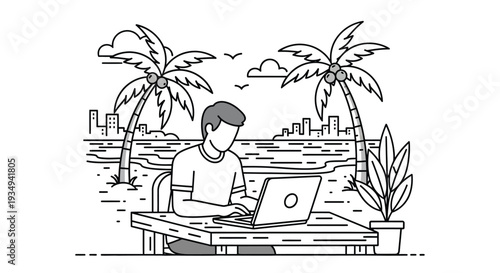 Line art illustration of a person working remotely on a laptop at a tropical beach with palm trees and a distant city skyline.