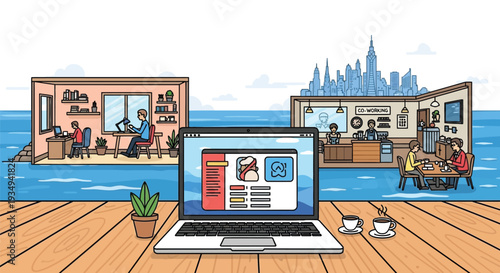 A laptop on a wooden deck connecting two floating buildings representing different remote work environments and a city skyline.