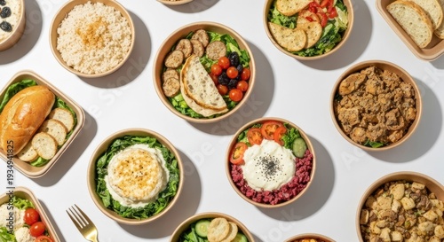 Overhead shot of diverse made meals in eco-friendly bowls, set against a clean, white backdrop