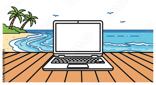 An illustration of a laptop on a wooden deck overlooking a tropical beach with palm trees and ocean waves, suggesting remote work or a vacation.