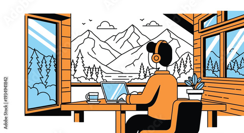 An illustrated person working remotely on a laptop in a cozy wooden cabin with a scenic mountain and lake view outside the window.