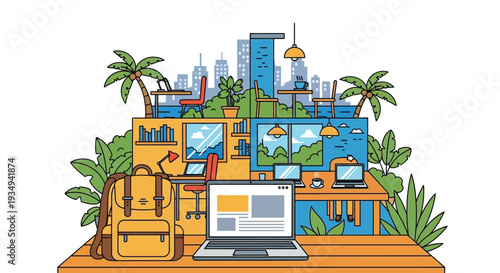 Illustration of a modern workspace blending city and tropical environments with a laptop and backpack in the foreground, symbolizing remote work and digital nomad lifestyle.