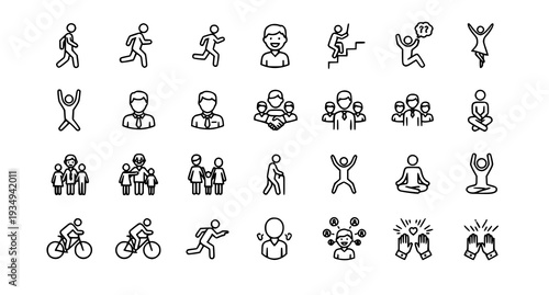 A collection of minimalist line art icons depicting people engaging in various activities and emotions