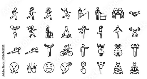 A collection of simple line art icons depicting various human activities and emotions in a minimalist style