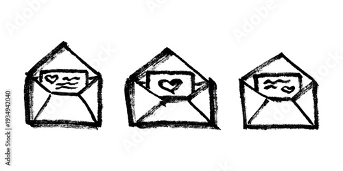 Set of hand drawn envelope with letter inside Mail and correspondence doodle Love, communication, invitation Single element for design, print, decor