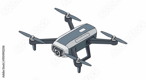 Modern drone with camera flying isolated on white background.
