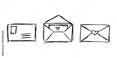 Set of hand drawn envelope with letter inside Mail and correspondence doodle Love, communication, invitation Single element for design, print, decor