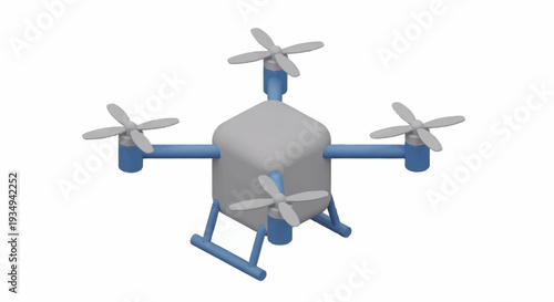 Quadcopter drone with gray body and blue accents flying.