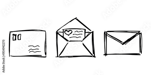 Set of hand drawn envelope with letter inside Mail and correspondence doodle Love, communication, invitation Single element for design, print, decor