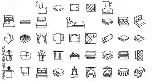 A collection of black and white line art icons depicting various bedroom furniture and accessories