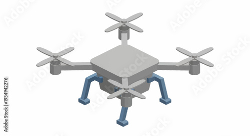 Gray drone with blue mechanical legs and propellers on white background.
