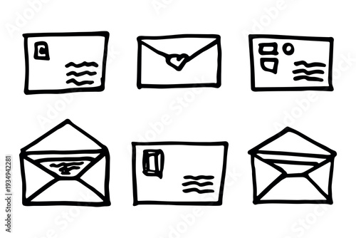 Set of hand drawn envelope with letter inside Mail and correspondence doodle Love, communication, invitation Single element for design, print, decor
