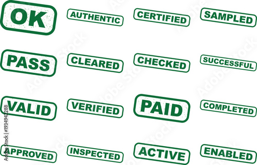 green checkmarks and words for approval and confirmation on white background