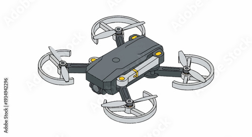 Quadcopter drone with four rotors and camera equipment.