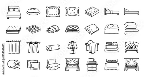 A collection of black and white line art illustrations depicting various bedroom furniture and accessories