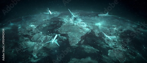 fully transparent global air supply chain blockchain network, glowing end-to-end cargo flight tracking across world map