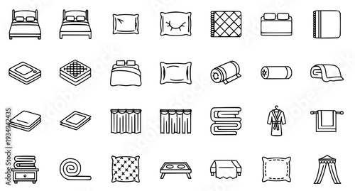 A collection of minimalist line art icons depicting various bedroom and bedding items