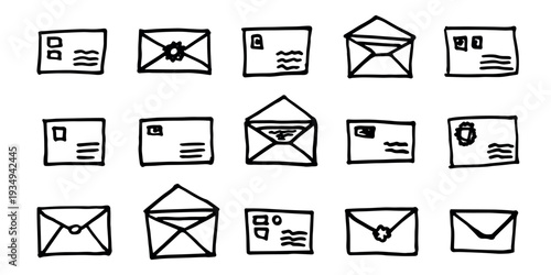 Set of hand drawn envelope with letter inside Mail and correspondence doodle Love, communication, invitation Single element for design, print, decor