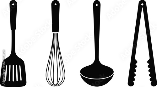 Kitchen utensils silhouette set featuring spatula, whisk, ladle and tongs isolated on light background, cooking tools collection, minimalist flat vector illustration design
