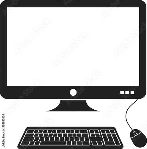 Modern desktop computer setup with monitor, keyboard and mouse silhouette isolated on light background, minimal office workstation vector illustration for technology concept