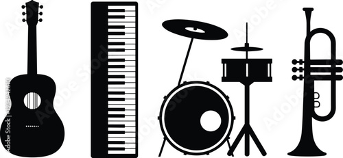 Musical instruments silhouette collection featuring guitar, piano keyboard, drum set and trumpet isolated on light background, music equipment vector illustration, minimalist design