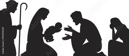 Nativity scene silhouette showing Mary, Joseph and baby Jesus with praying figures isolated on light background, Christian Christmas religious vector illustration concept