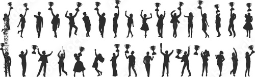 People celebrating victory with trophy silhouette collection showing winners raising awards isolated on light background, success celebration vector illustration for achievement concept