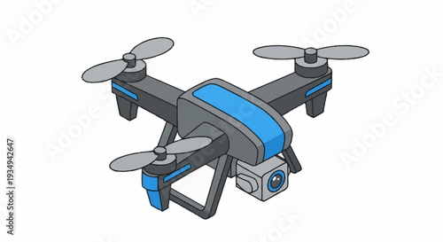 Modern drone with camera and four propellers on a white background.
