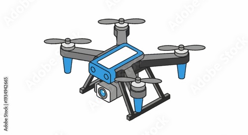 Modern drone with camera and blue accents in flight configuration.