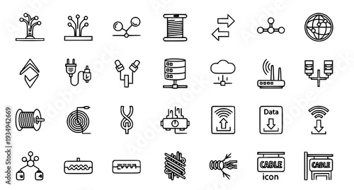 A collection of black and white line art icons representing various technology and connectivity concepts