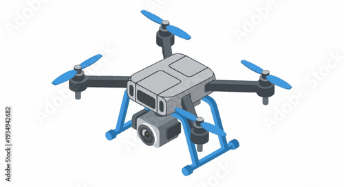 Modern drone with camera and blue propellers on white background.