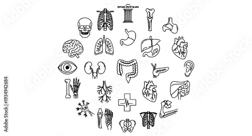 A collection of black and white medical icons arranged in a circular pattern
