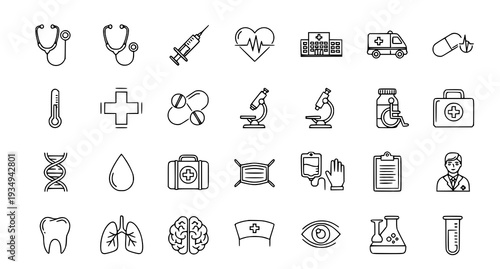 A collection of medical icons and symbols in a flat line art style