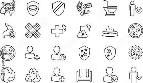 Medical Health and Hygiene Vector Icon Set Featuring Digestive System Care Laboratory Research Bacteria Probiotics Sanitary Facilities Recycling And First Aid Bandage Symbols For Healthcare