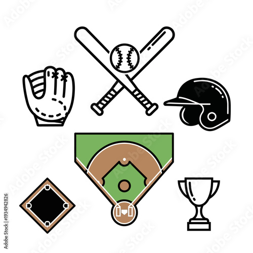 Baseball Equipment and Trophy Illustration Set.