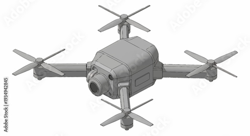 Gray drone with four propellers and camera on white background.
