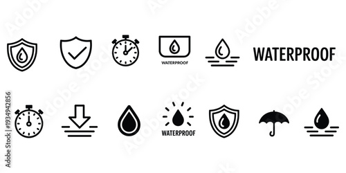 Waterproofing icons set with shield drop and timer symbols protection
