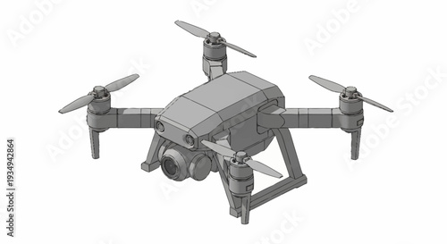Gray drone with four rotors and camera on a white background.