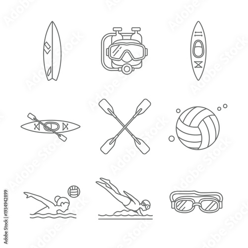 Collection of Water Sports Equipment Illustrations.