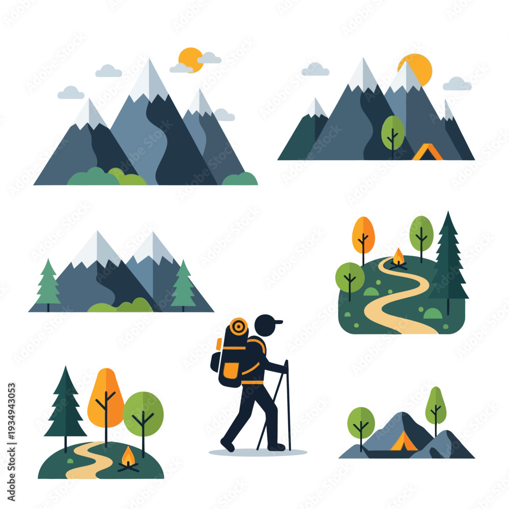 Obraz premium Stylized vector illustrations featuring majestic mountain landscapes, winding forest paths, adventurous hikers, and cozy camping scenes in a vibrant flat design art style