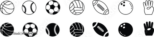 Sports Balls and Hand Gesture Icons in Outline and Solid Styles illustration