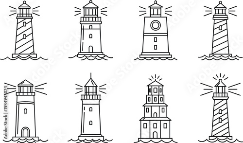 Minimalist Lighthouse Vector Icon Set Featuring Various Coastal Beacon Designs With Linear Style Nautical Navigation Searchlight Towers For Marine Safety And Maritime Branding Projects