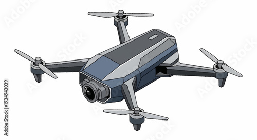 Modern drone with camera flying isolated on white background.