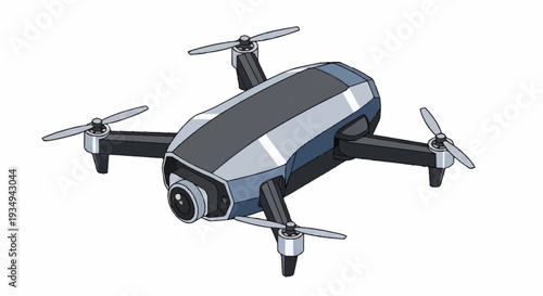 Modern drone with camera flying in mid-air.