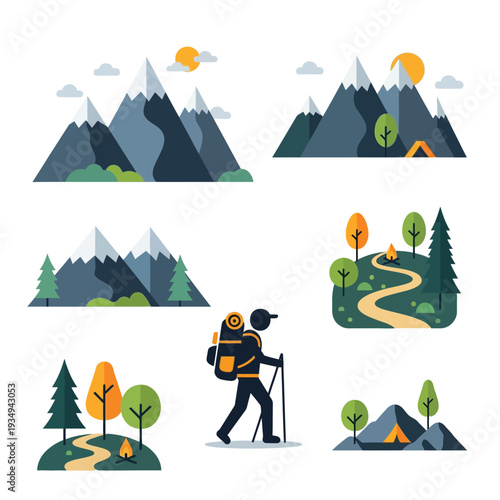 Stylized vector illustrations featuring majestic mountain landscapes, winding forest paths, adventurous hikers, and cozy camping scenes in a vibrant flat design art style