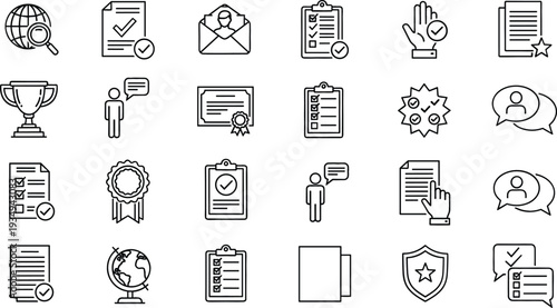 Professional business quality assurance and compliance line icon set featuring certification badges, checkmark documents, trophies, global communication, and achievement symbols for corporate branding