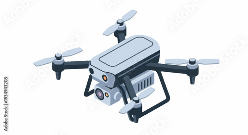 Modern drone with camera and propellers in flight.
