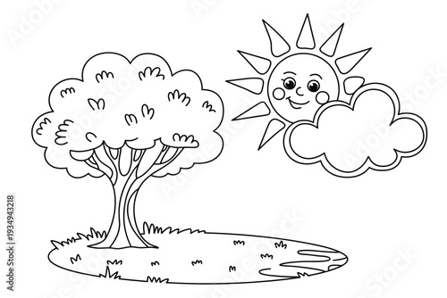 Cute kawaii nature cartoon illustration, green tree with grass, smiling yellow sun with rays, and soft blue cloud on solid black background in playful flat vector style for children design